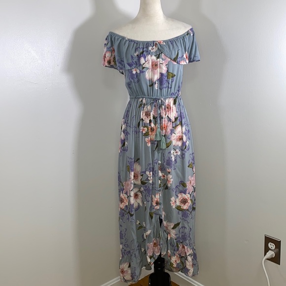 Band of Gypsies floral off shoulder tie waist high/low hem maxi dress M blue - Picture 2 of 8